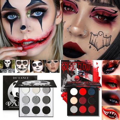 Afflano Black Red Goth Eye shadow Palette 2 Pcs, True Red Black Eyeshadow Palette Clown Halloween Makeup Pallet, High Pigmented White Black Red Face Body Powder Zombie Vampire Dark Smoky Eye Makeup