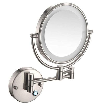 5X Magnifying Wall Mount LED Lighted Makeup Touch Screen Shaving Double-Sided Round Bathroom Vanity Swivel Extendable Cosmetic Concealed Install (Color : Nickel Brushed)