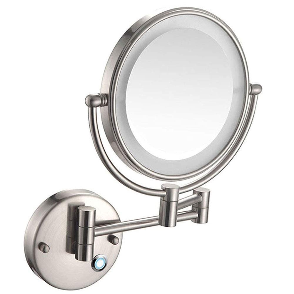 5X Magnifying Wall Mount LED Lighted Makeup Touch Screen Shaving Double-Sided Round Bathroom Vanity Swivel Extendable Cosmetic Concealed Install (Color : Nickel Brushed)