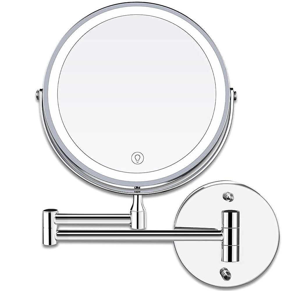 RomildaYuan 8'' Bathroom Wall Mounted, LED Makeup 3 Color Mode USB Charge Touch Screen Adjustable Light Double Sided 1X/7X Magnifying, Shaving Extendable 360 Swivel Vanity Mirror