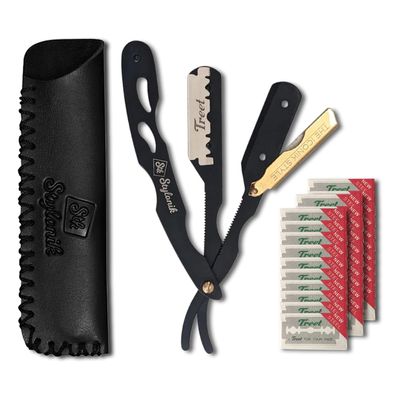Stylonik Professional Straight Edge Barber Razor 60 Single/30 Double-Sided Stainless Steel Blades for Men & Women, with Leather Case (Gold)