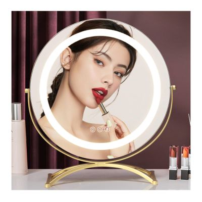 36o Rotating Makeup Vanity Mirror, LED Light-Emitting Table Mirror, Beauty Mirror with Light, Touch Sensor with 3-Color Lighting, Dimmable(A - Gold,Small)