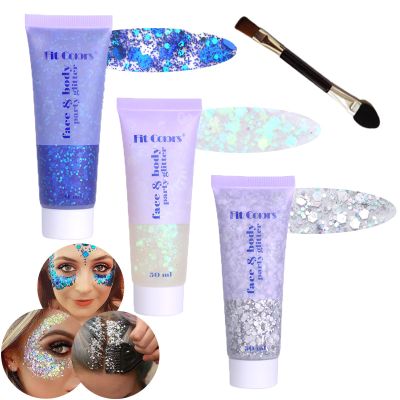 Body Glitter Face Glitter Gel: Singer Concerts Disco Festival Rave Accessories Face Glitter Makeup Chunky Sequins Mermaid Face Body Hair Glitter Gel (White&Silver&Blue)