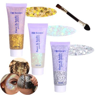 Body Glitter Face Glitter Gel: Singer Concerts Disco Festival Rave Accessories Face Glitter Makeup Chunky Sequins Mermaid Face Body Hair Glitter Gel (White&Silver&Gold)