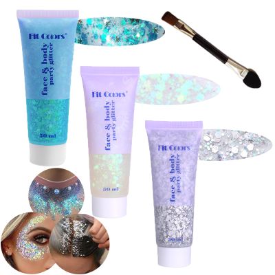 Body Glitter Face Glitter Gel: Singer Concerts Disco Festival Rave Accessories Face Glitter Makeup Chunky Sequins Mermaid Face Body Hair Glitter Gel (White&Silver&Lake Blue)