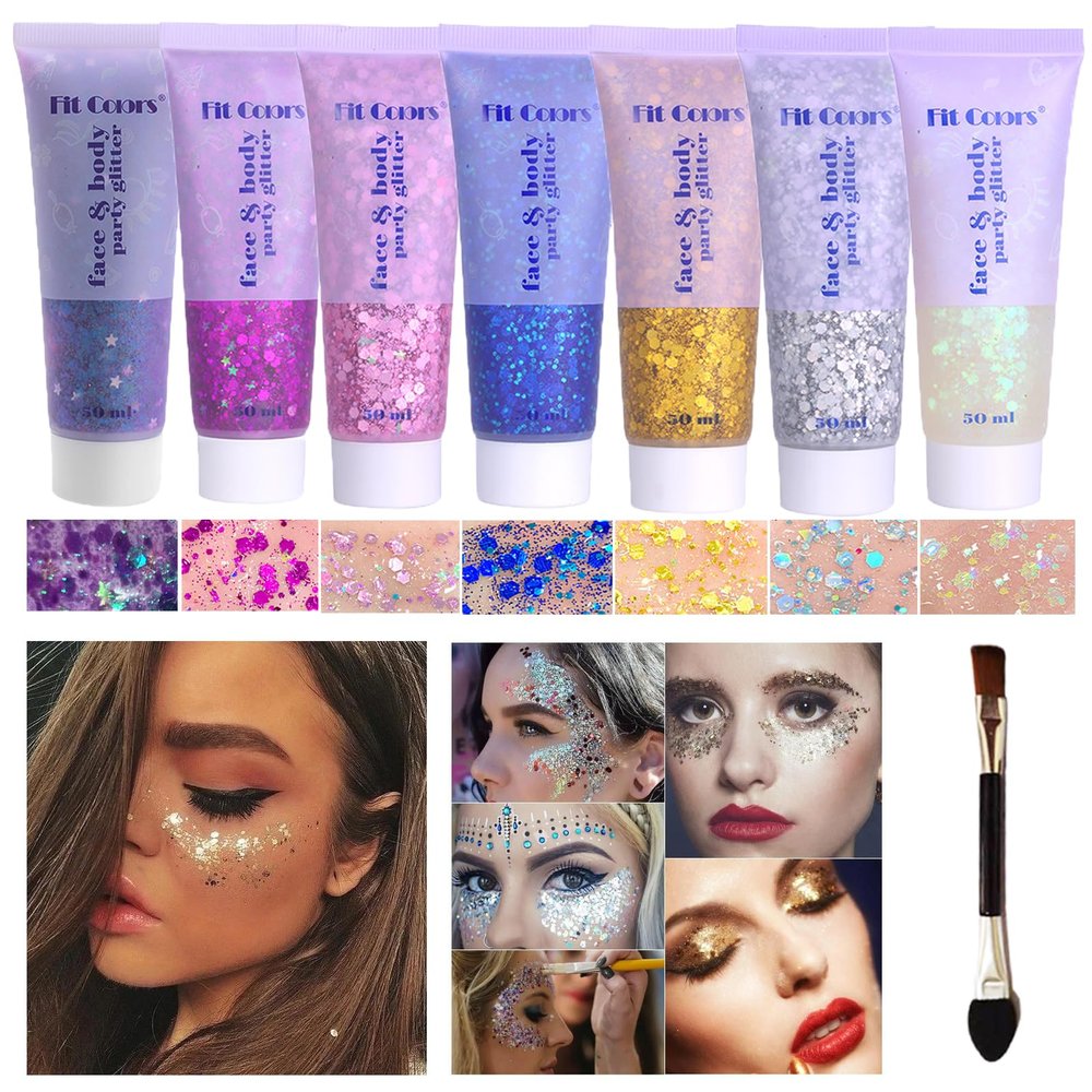 Body Glitter Face Glitter Gel: Singer Concerts Disco Festival Rave Accessories Face Glitter Makeup Chunky Sequins Mermaid Face Body Hair Glitter Gel (White&Silver&Pink&Gold&Blue&Purple&Rose)
