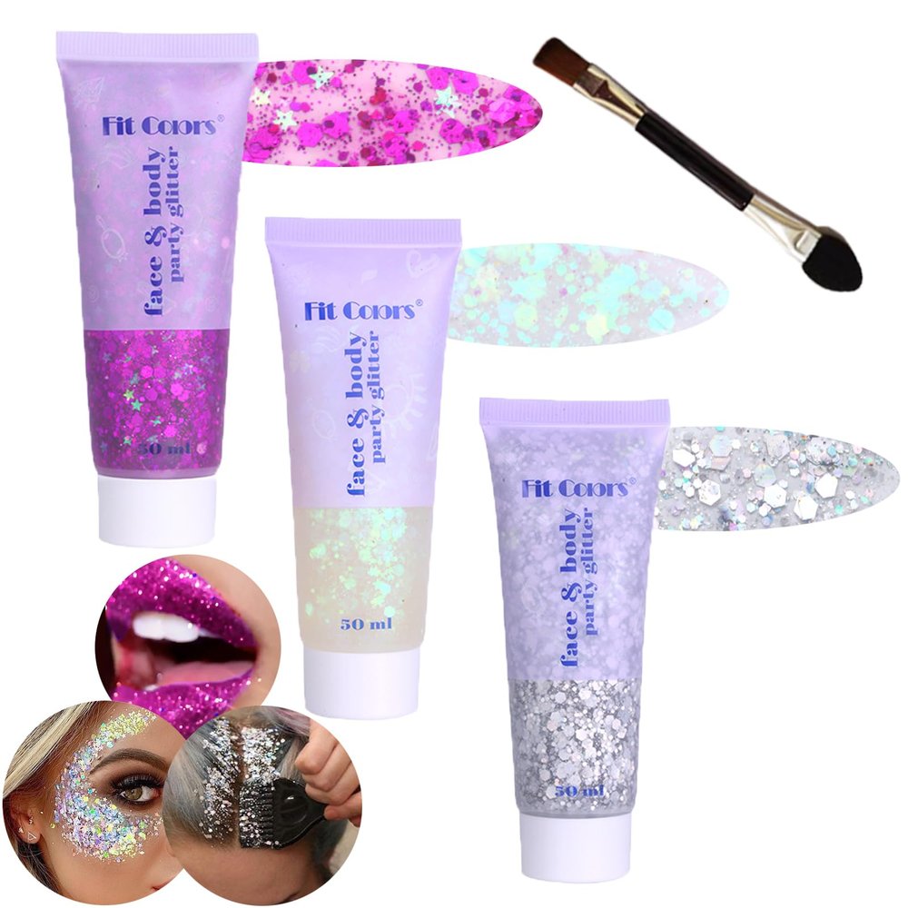 Body Glitter Face Glitter Gel: Singer Concerts Disco Festival Rave Accessories Face Glitter Makeup Chunky Sequins Mermaid Face Body Hair Glitter Gel (White&Silver&Purple)