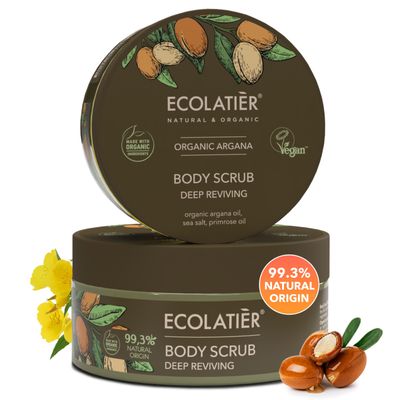 Body Scrub with Organic Argan Oil  Deep Reviving Salt Exfoliating Body Scrub for Women & Men, 99.3% Natural, Vegan, Gentle Hydrating Scrub for Smooth Skin, 8.5 Fl Oz - ECOLATIER