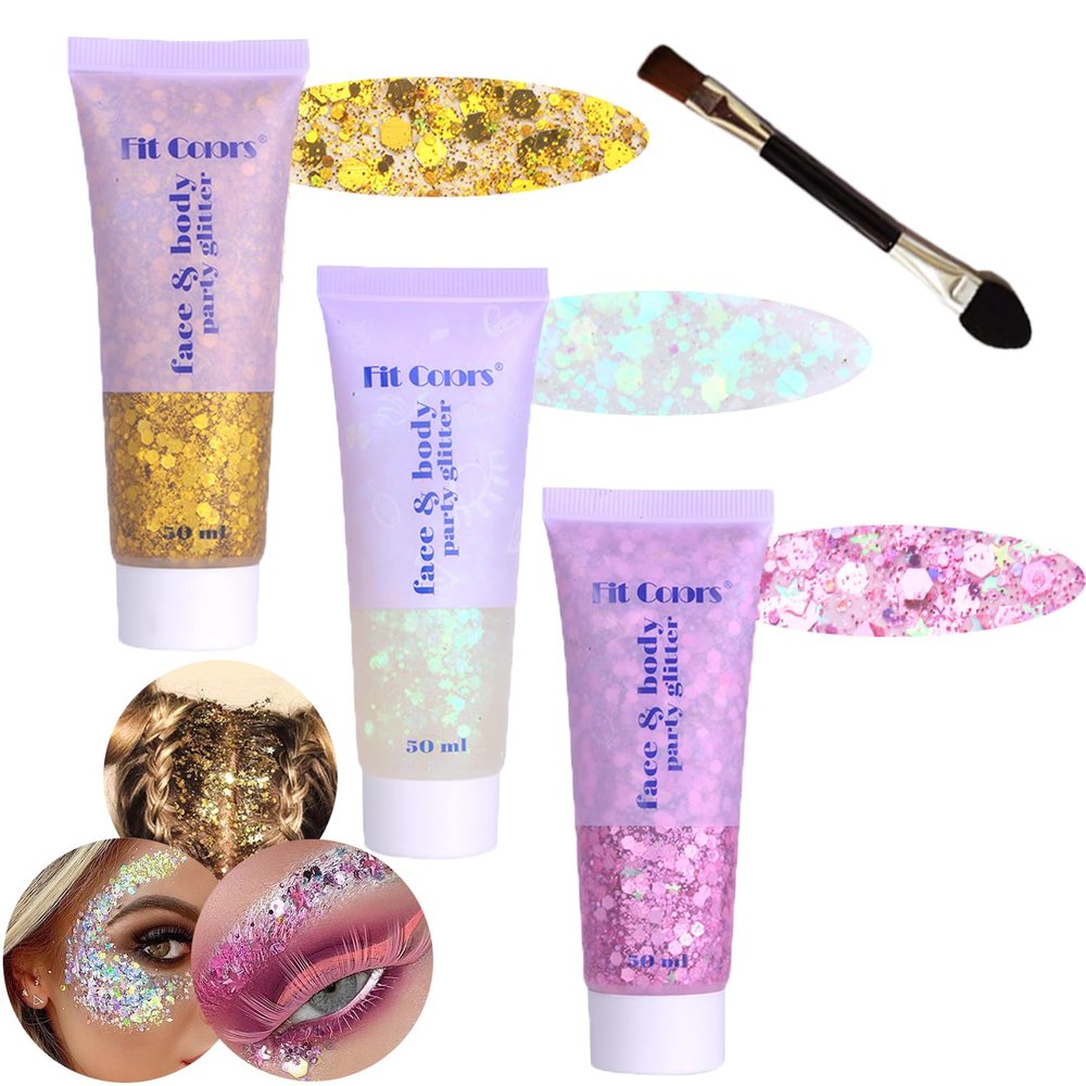 Body Glitter Face Glitter Gel: Singer Concerts Disco Festival Rave Accessories Face Glitter Makeup 150ml Chunky Sequins Mermaid Face Body Hair Glitter Gel (White&Pink&Gold)