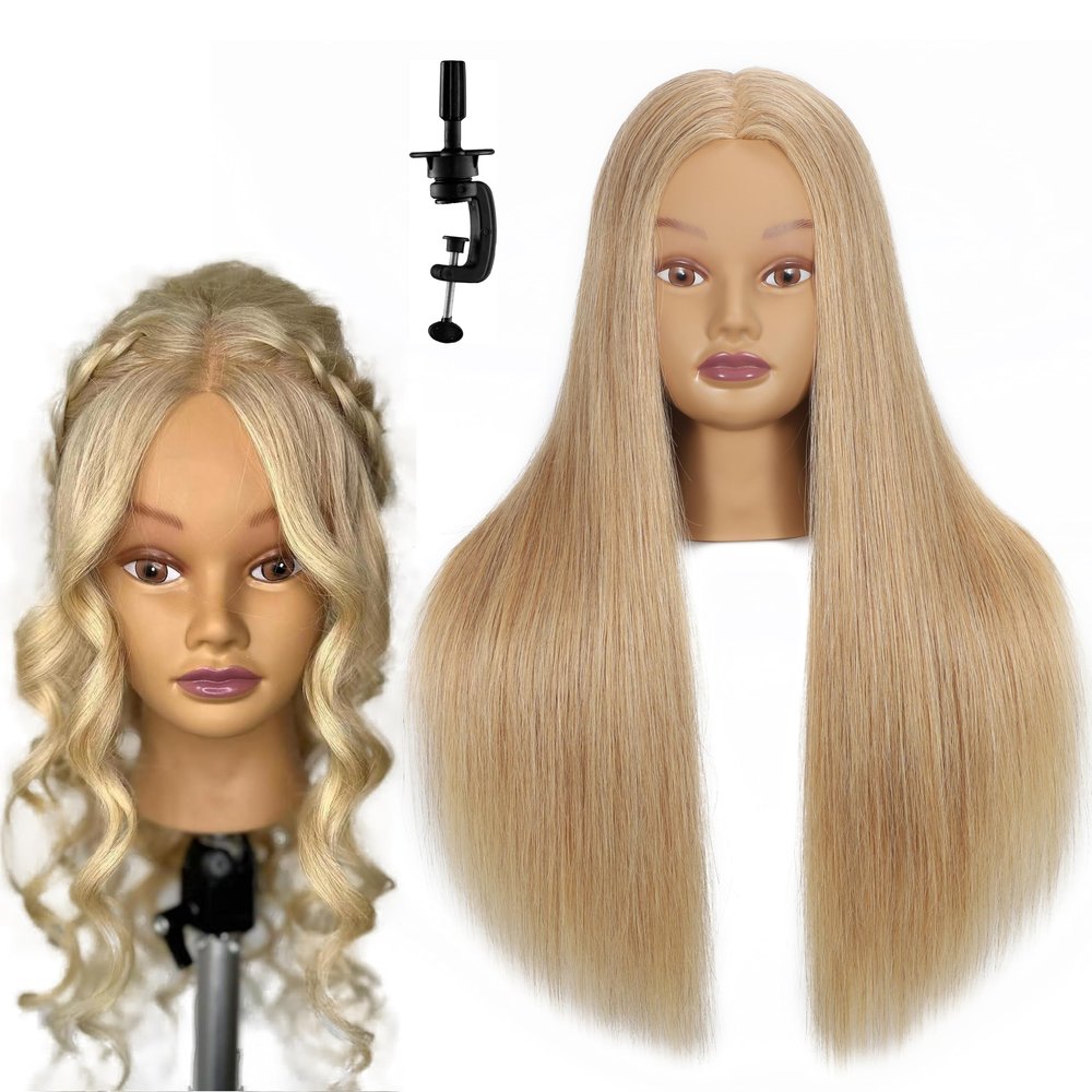 Mannequin Head Human Hair 24" 100% Human Hair Mannequin HeadCosmetology Mannequin Head Doll Head for Hair Styling Hairdresser Manikin Head with Free Clamp Holder(Blonde)