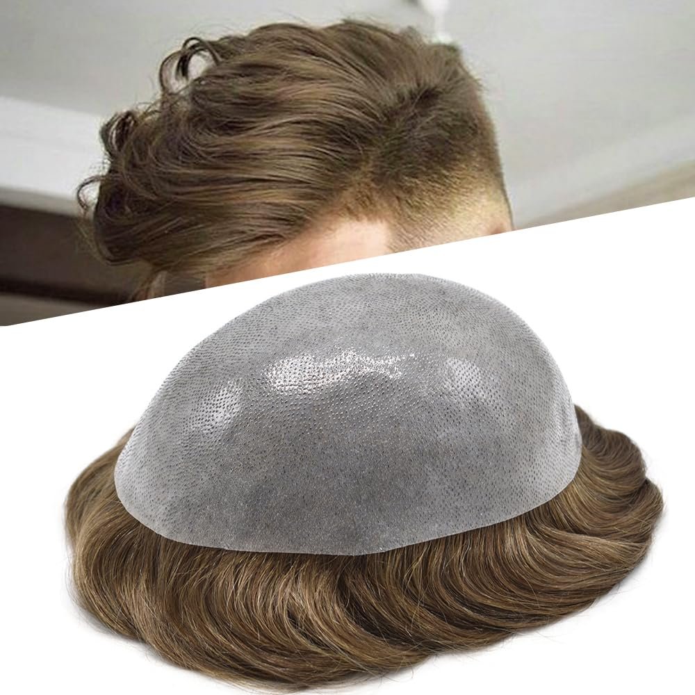 Toupee For Men Full Poly Skin Hair Replacement For Men Human Hair Mens Toupee Hairpiece System For Men8"X10"#22R Light Blonde-90% Light Density