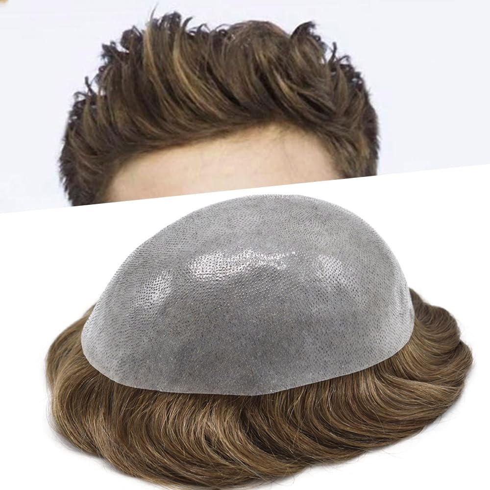 Toupee For Men Full Poly Skin Hair Replacement For Men Human Hair Mens Toupee Hairpiece System For Men8"X10"#2020 Light Ash Blonde with-120% Medium Light to Medium Density