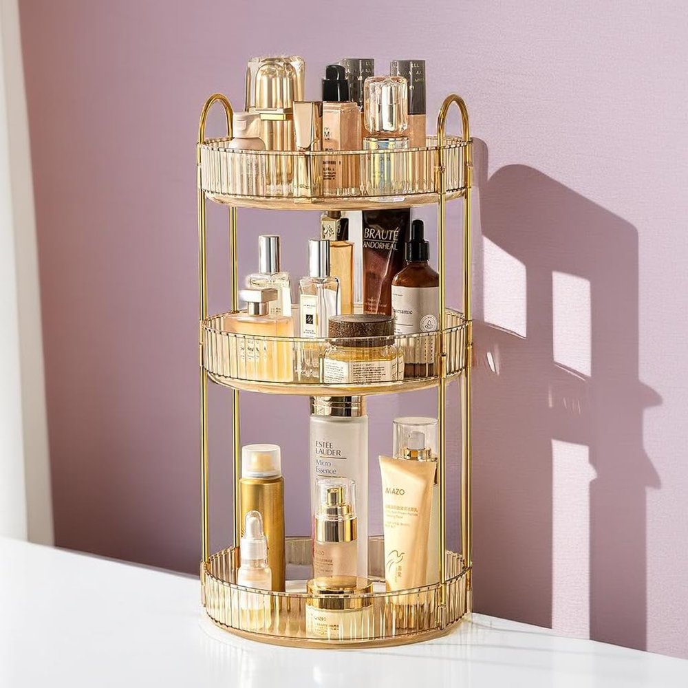 360 Rotating Makeup Organizer for Vanity, Cosmetic Display Case, 3 Tire Large Capacity Cosmetic Storage Shelf, Beauty Organizer for Skincare, Perfume, Sundries, and Makeup Display (Amber)