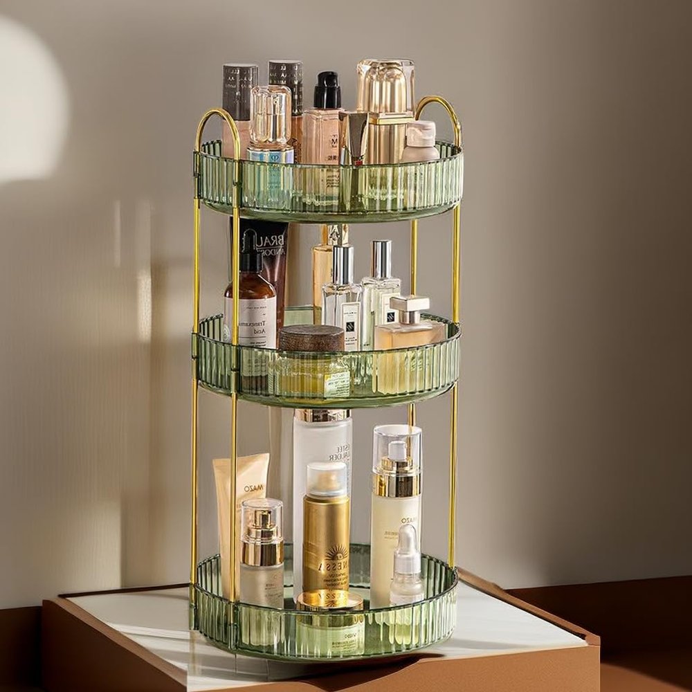360 Rotating Makeup Organizer for Vanity, Cosmetic Display Case, 3 Tire Large Capacity Cosmetic Storage Shelf, Beauty Organizer for Skincare, Perfume, Sundries, and Makeup Display (Dark Green)