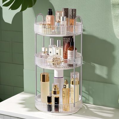 360 Rotating Makeup Organizer for Vanity, Cosmetic Display Case, 3 Tire Large Capacity Cosmetic Storage Shelf, Beauty Organizer for Skincare, Perfume, Sundries, and Makeup Display (Transparent)