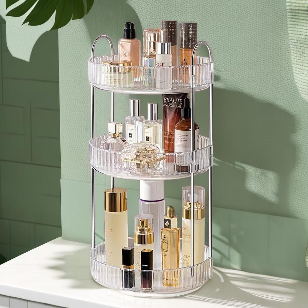 360 Rotating Makeup Organizer for Vanity, Cosmetic Display Case, 3 Tire Large Capacity Cosmetic Storage Shelf, Beauty Organizer for Skincare, Perfume, Sundries, and Makeup Display (Transparent)