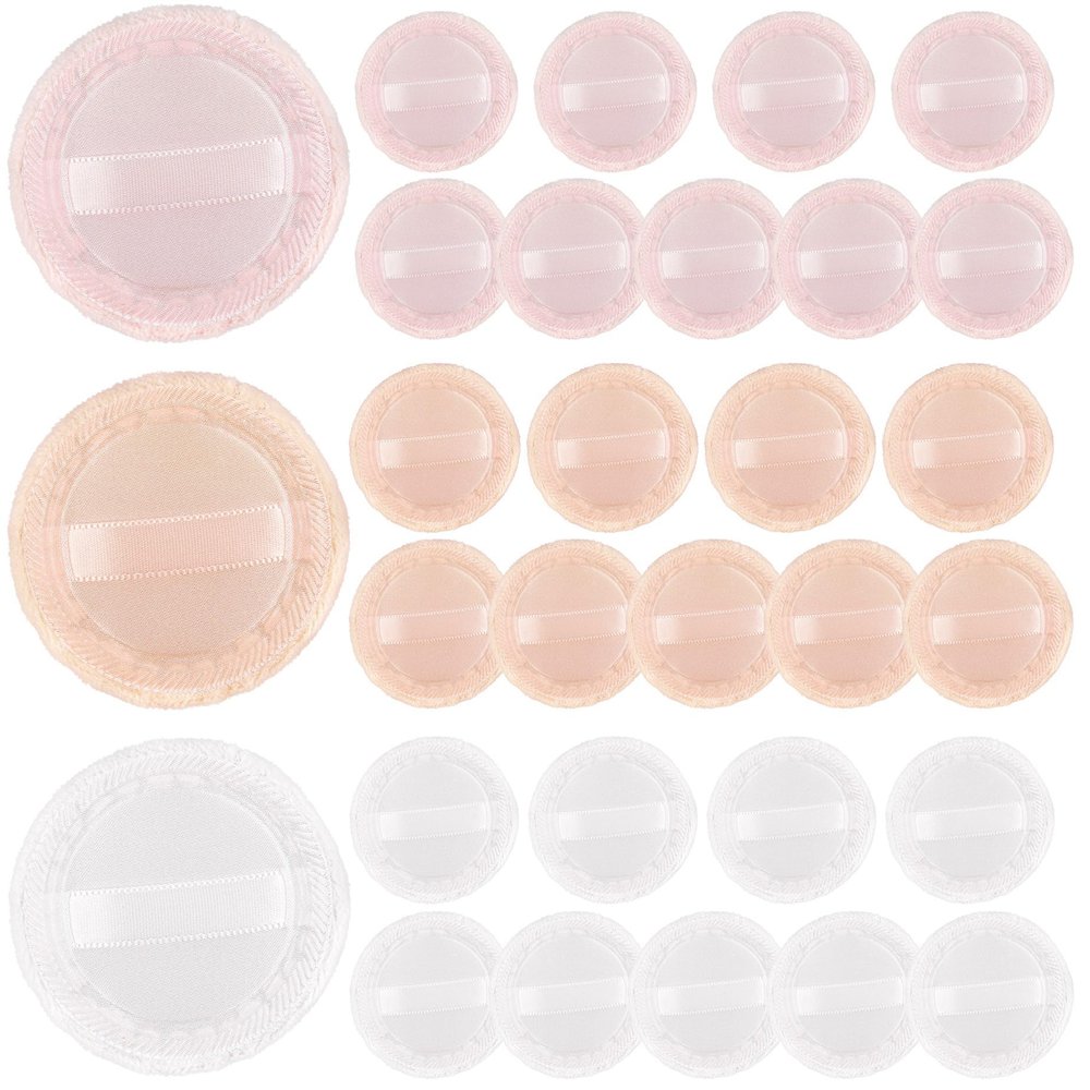 AUEAR, 30 Pack Powder Puffs Washable Pure Cotton Round Makeup Pads 2.36 Inch Cosmetic Face with Ribbon for Loose Foundation (3 Colors)
