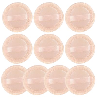 AUEAR, 10 Pack Powder Puffs Washable Pure Cotton Round Makeup Pads 2.36 Inch Cosmetic Face with Ribbon for Loose Foundation (Beige)