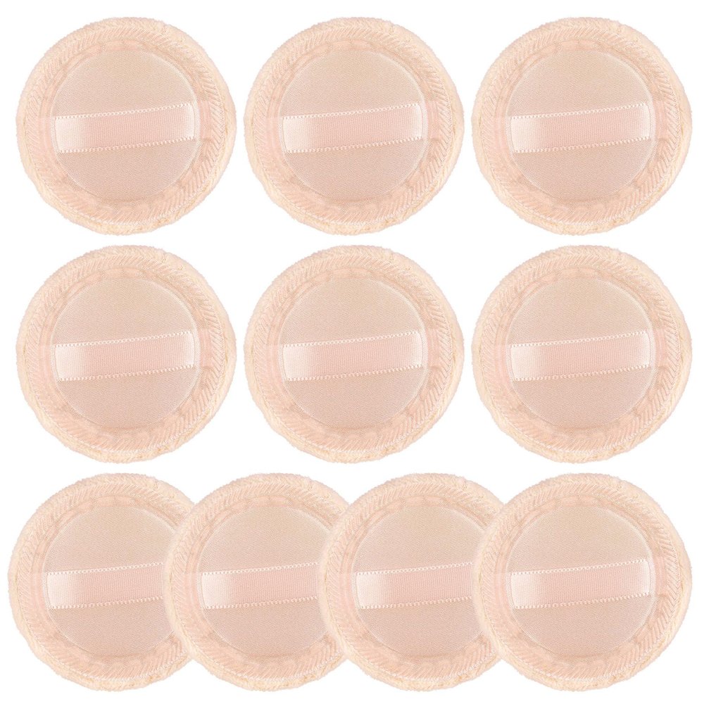 AUEAR, 10 Pack Powder Puffs Washable Pure Cotton Round Makeup Pads 2.36 Inch Cosmetic Face with Ribbon for Loose Foundation (Beige)