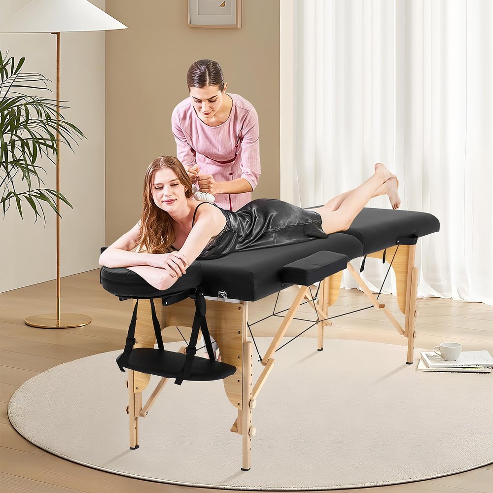 BLKMTY Portable Massage Table Foldable Massage Bed Spa Bed Adjustable Massage Salon Table Facial Cradle Bed Heigh Adjustable 73 Inches Tattoo Bed with Facial Pillow Hold Up to 450lbs, Black