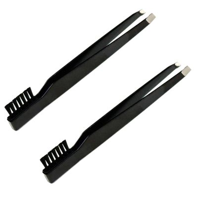 2 Tweezer & Brush Combo Grooming Tool for Men & Women - Tweezing Eyebrows DIY Professional Makeup Artists Travel Purse Makeup Bag Essential 2 in 1 tweezers Tweezer on One End, Brush on Other End
