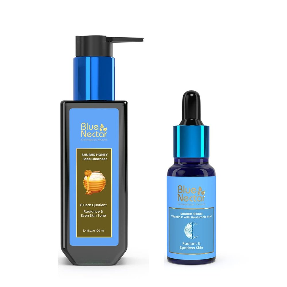 Blue Nectar's Ayurveda Vitamin C Face Serum, for smooth & glowing skin (1 fl oz), paired with the Detan Face Wash enriched with Natural Vitamin E (3.38 fl oz)