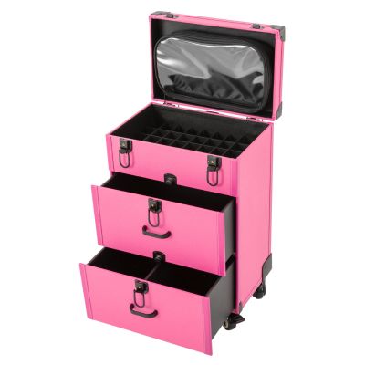 3 Tier Makeup Train Case with 4 Wheels,High Safety Rolling Makeup Trolley Case, Nail Polish Organizer, Jewelry Travel Cosmetic Train Case for Wedding Makeup Artists and Cosmetic Trainees (Rose Red)