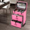 3 Tier Makeup Train Case with 4 Wheels,High Safety Rolling Makeup Trolley Case, Nail Polish Organizer, Jewelry Travel Cosmetic Train Case for Wedding Makeup Artists and Cosmetic Trainees (Rose Red) view 2