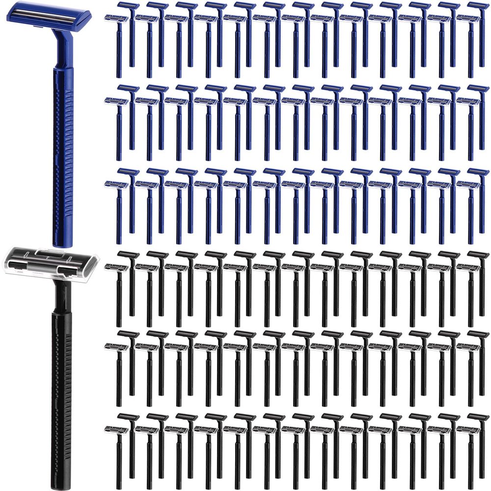 Lasnten 400 Pcs Disposable Razors Bulk Individually Wrapped Twin Blade Razors with Clear Safety Cap Stainless Steel for Women Men Hotel Shelter Homeless Nursing Home(Black, Blue)