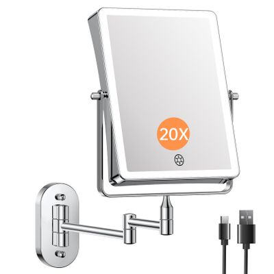 FASCINATE 5000mAh Rechargeable Wall Mounted Makeup Mirror, 8.7" Double Sided Touch Switch 1X 20X Rectangle Wall Mounted Magnifying Mirror with Light, 3 Color Setting, Extended Arm 360 Foldable Chrome
