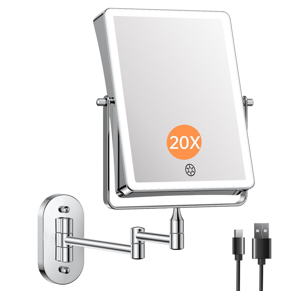 FASCINATE 5000mAh Rechargeable Wall Mounted Makeup Mirror, 8.7" Double Sided Touch Switch 1X 20X Rectangle Wall Mounted Magnifying Mirror with Light, 3 Color Setting, Extended Arm 360 Foldable Chrome