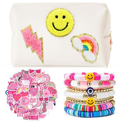 58 Pcs Preppy Makeup Bag Set Aesthetic Cosmetic Bag Travel Makeup Pouch Toiletry Bag 7 Heishi Surfer Bracelets with 50 Cute Stickers for Women Girls Teens Gifts