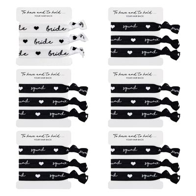 Funky Junque Bachelorette Hair Ties 6-Pack: 1 Bride Tribe Hair Tie (White) & 5 Squad Hair Ties (Black)