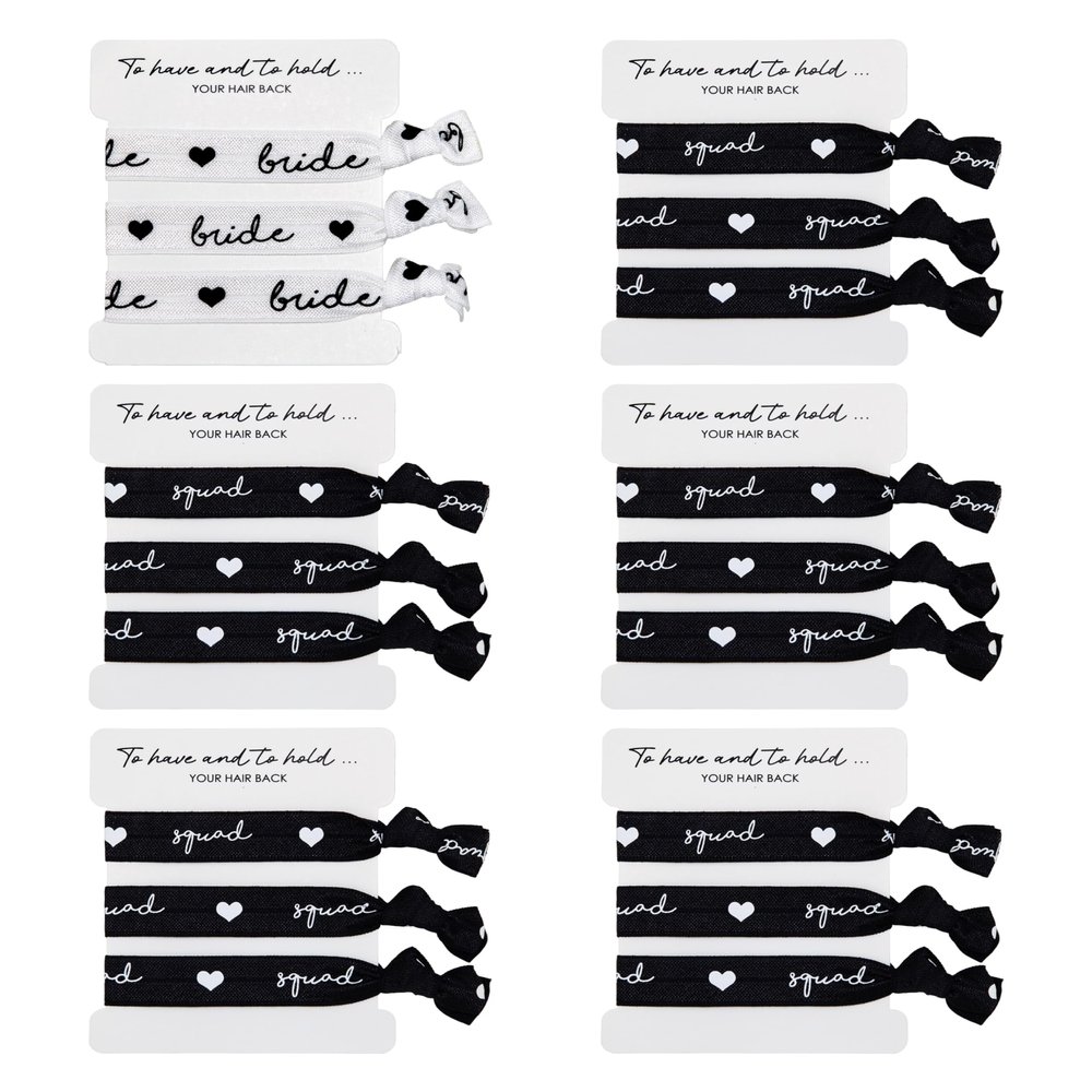 Funky Junque Bachelorette Hair Ties 6-Pack: 1 Bride Tribe Hair Tie (White) & 5 Squad Hair Ties (Black)