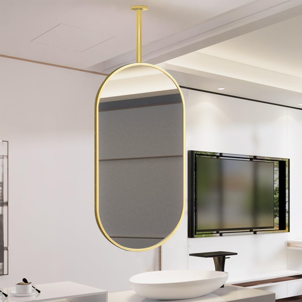 Modern Mirror for Ceiling Mounted, Suspended Bathroom Vanity Mirror Wall Makeup Mirrors, Oval Ceiling Hanging Mirror for Living Room, Gold Shaving Mirrors (Size : 50cmx60cm)