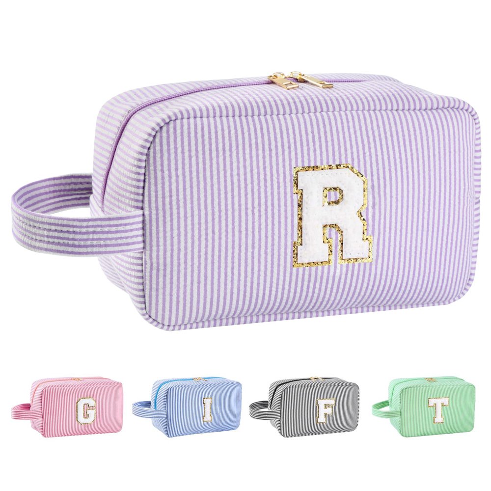 Huifen Personalized Initial Makeup Bag A-Z, Travel Toiletry Bag Preppy Make Up Bag Cosmetic Pouch Makeup Organizer for Women Birthday Christmas Gifts for Teen Girls Trendy Stuff (Purple, R)