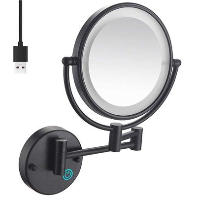8" Wall Mounted Makeup Mirror with Lights LED 5x Wall Makeup Vanity Mirror Double Sided,Touch Button and Adjustable Light,Shaving Makeup in Bedroom or Bathroom USB RechargeBlack ( Color : Black )