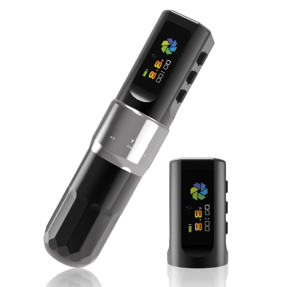 YILONG Wireless Tattoo Machine F3 Rotary Tattoo Pen Machine with 2PCS 2000mAh Batteries 6 Strokes Length Tattoo Battery Pen Coreless Motor LED Digital Display Tattoo Gun for Tattoo Artist (Silver)