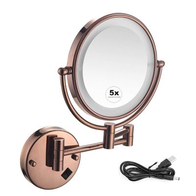 RomildaYuan Wall Mounted Bathroom Mirror Shaving Mirrors Make Up Wall Mounted LED Illuminated Mirror 5X Magnifying Extending Double Side & 360 Swivel, for Hotel, Rose Gold