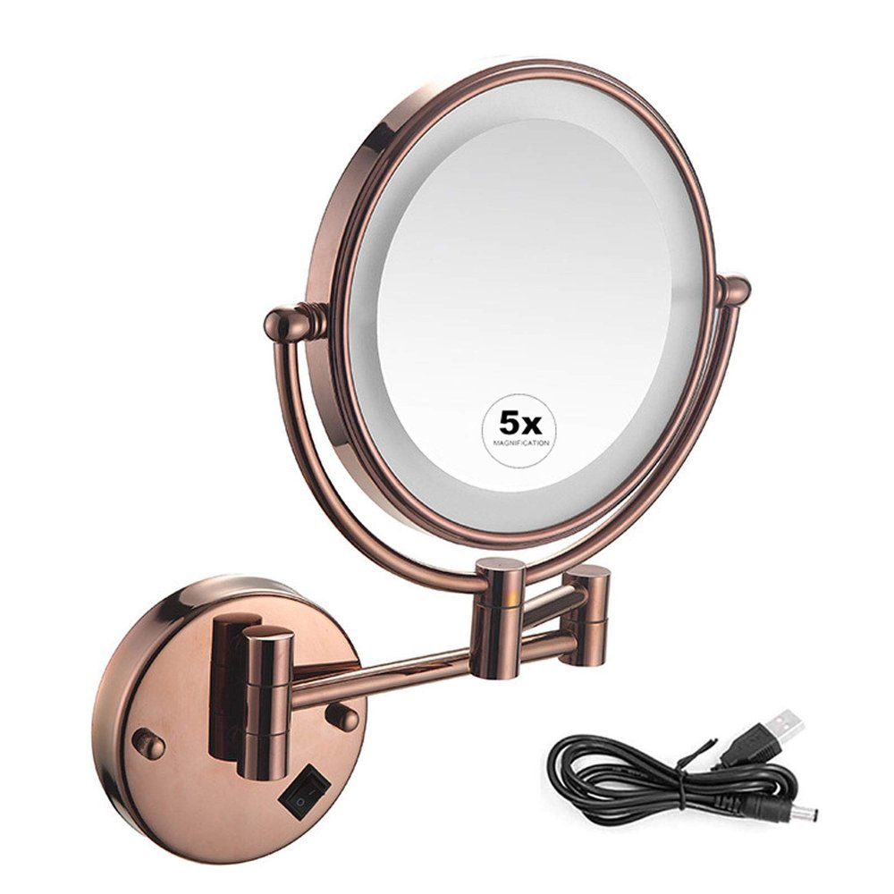 RomildaYuan Wall Mounted Bathroom Mirror Shaving Mirrors Make Up Wall Mounted LED Illuminated Mirror 5X Magnifying Extending Double Side & 360 Swivel, for Hotel, Rose Gold
