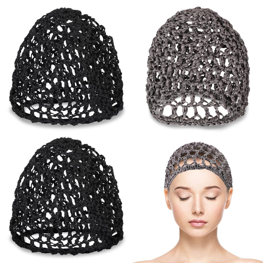 3 Pack Hair Nets Cap Mesh Crochet Sleeping Hairnet Rayon Knit Snood Hat Cover Short Hair Cover Mesh Wrapping Crochet Wave Cook Hats Rayon Cover Hair Wraps for Ballet Women(Grey/Black)