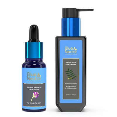 Blue Nectar Vitamin C Neem Face Cleanser for youthful, radiant skin(3.38Fl Oz).& Bakuchiol Anti Aging Serum for Fine Lines (1 Fl Oz)
