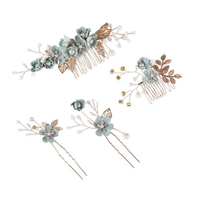 4Pcs Crystal Bride Hair Comb Handmade Wedding Hairpin Pearl Floral Leaf Hair Accessories for Women Wedding (Gold,light green)