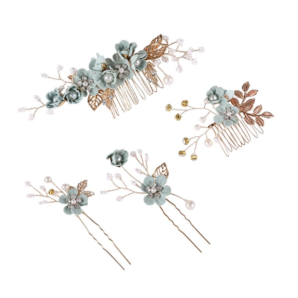 4Pcs Crystal Bride Hair Comb Handmade Wedding Hairpin Pearl Floral Leaf Hair Accessories for Women Wedding (Gold,light green)
