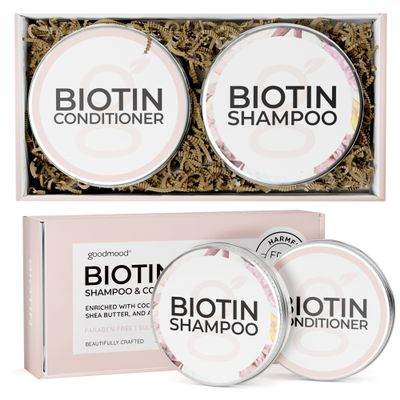 Biotin Shampoo and Conditioner Bars in Reusable Travel Metal Tins, Solid Shampoo Bar Set With Conditioner, Travel Friendly Set for Hair with Biotin from GoodMood. 2 Pack