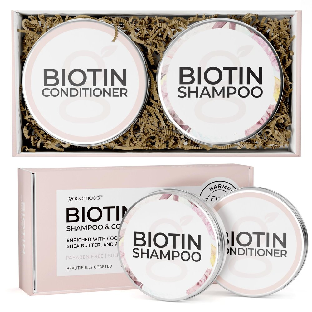 Biotin Shampoo and Conditioner Bars in Reusable Travel Metal Tins, Solid Shampoo Bar Set With Conditioner, Travel Friendly Set for Hair with Biotin from GoodMood. 2 Pack