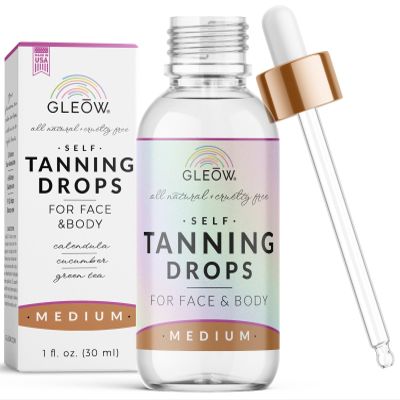 GLEOW Face Tanning Drops to Add to Moisturizer, Bronzing Drops for Face and Body with Chamomile and Green Tea, Medium Self Tanner, Custom and Streak-Free Tan 1oz