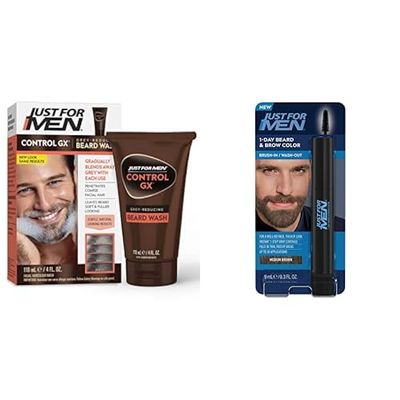 Just for Men Control GX Grey Reducing Beard Wash Shampoo, Gradually Colors Mustache and Beard 1-Day Beard & Brow Color, Temporary Color for Beard and Eyebrows, Medium Brown
