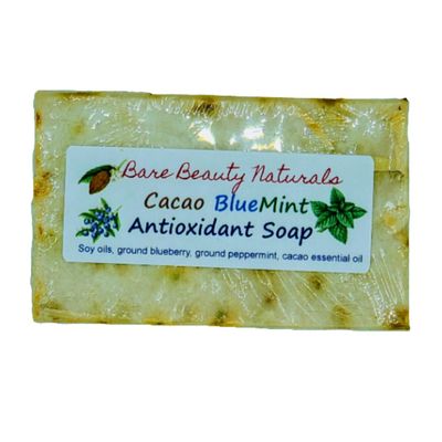Bare Beauty Naturals 100% Natural Cacao BlueMint Antioxidant Soap // Hydrating, Plant-Based, Flavanols, Antiaging // Free Exfoliating soap bag (brick cut 9-10.9 oz, HiExfol LoofahSponge)
