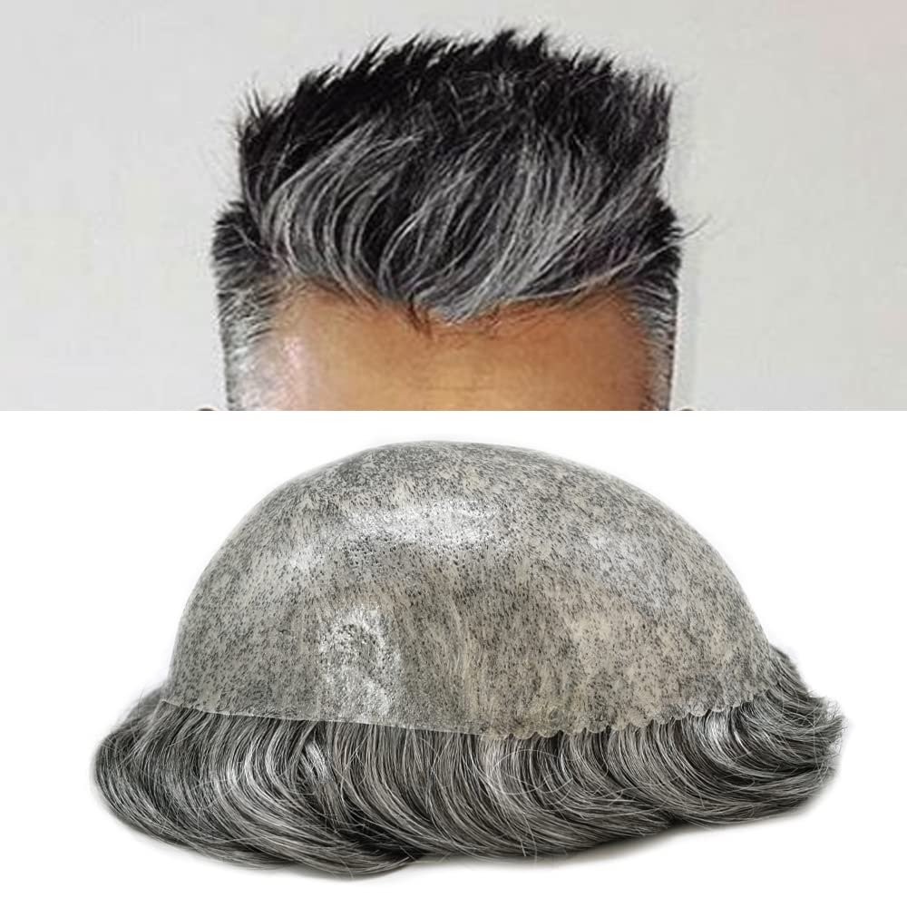 Toupee For Men Human Hair System Replacement Full Poly Skin Hairpiece Injected PU 8x10 Male Prosthesis Durable Wigs 6"X8"#1B60 Off Black with 60% gray hair -120% Medium Light to Medium Density